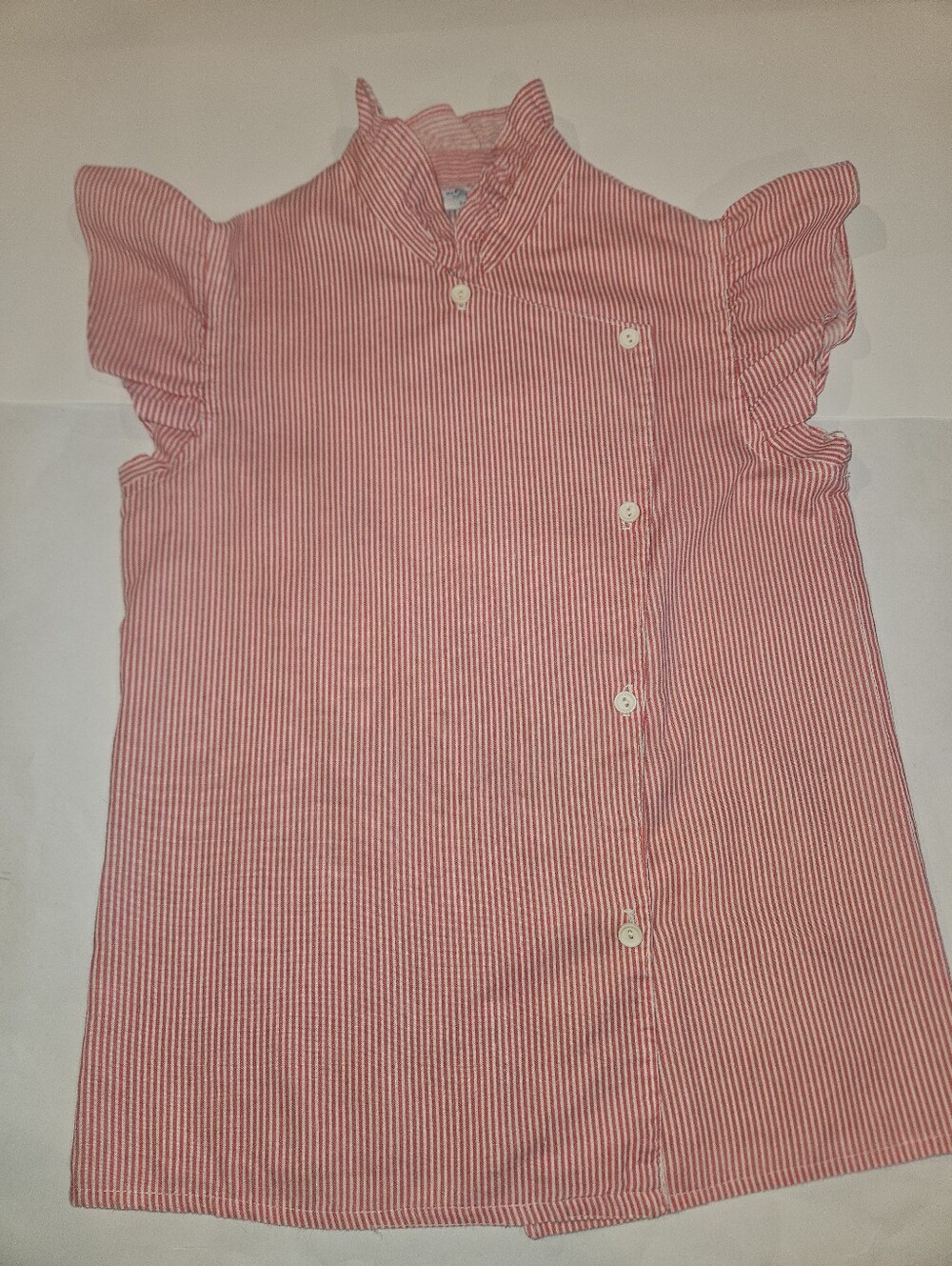 Button-Front Red & White Striped Ruffle Sleeve Top